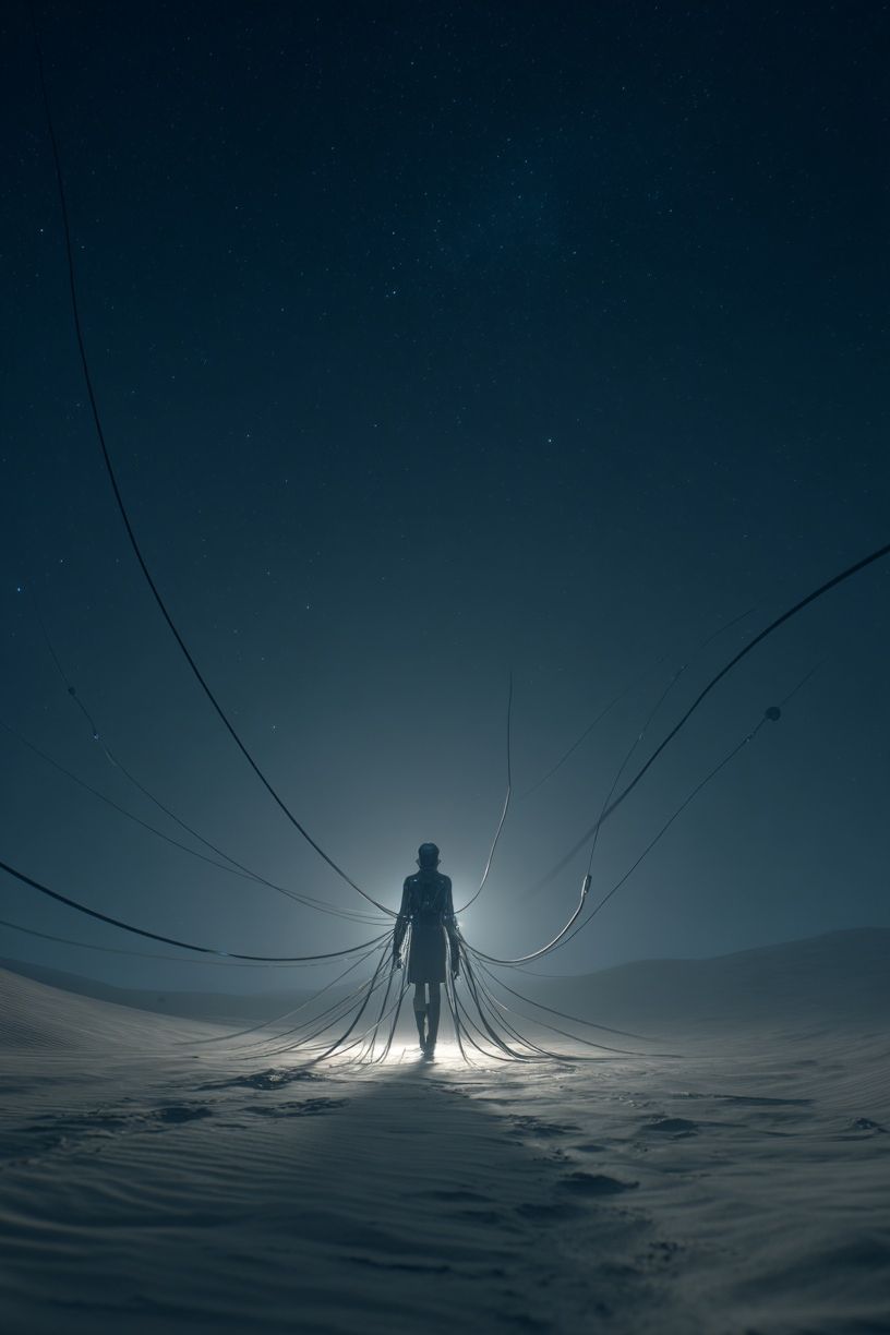 Lone Figure in Moonlit Desert Print. poster detail