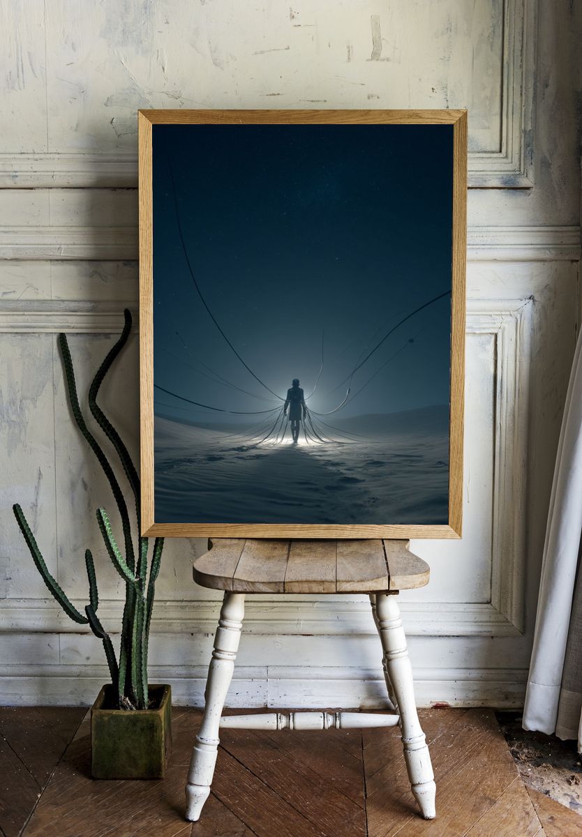 Lone Figure in Moonlit Desert Print. — room view 1