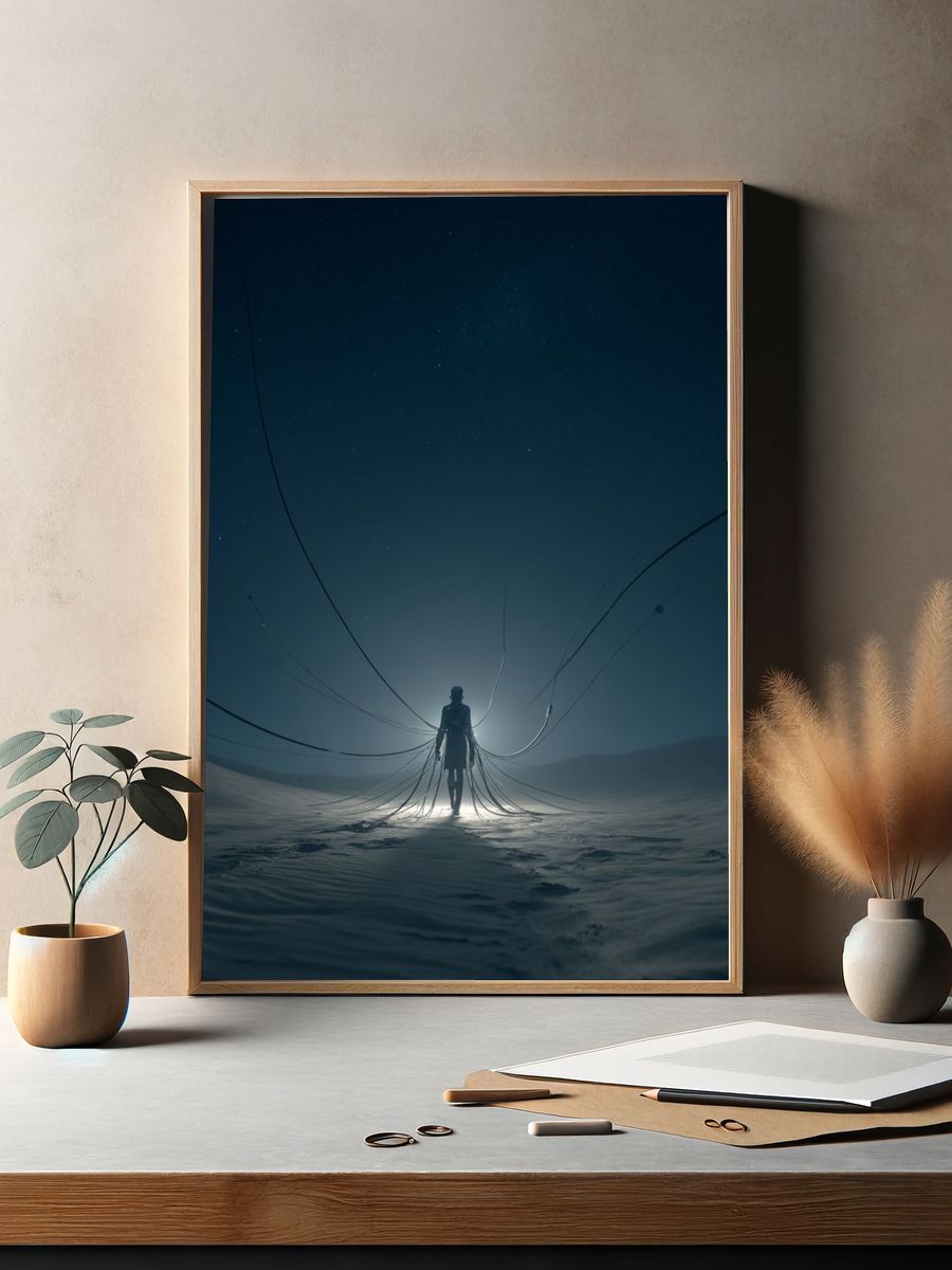 Lone Figure in Moonlit Desert Print. — room view 2