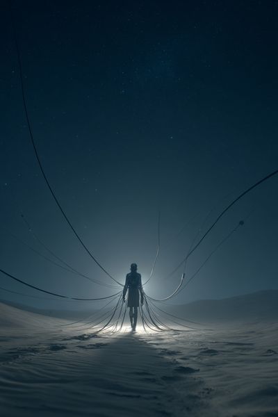 Lone Figure in Moonlit Desert Print. poster