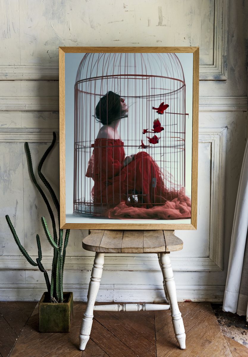 Birdcage Woman Surrealism Print. room preview