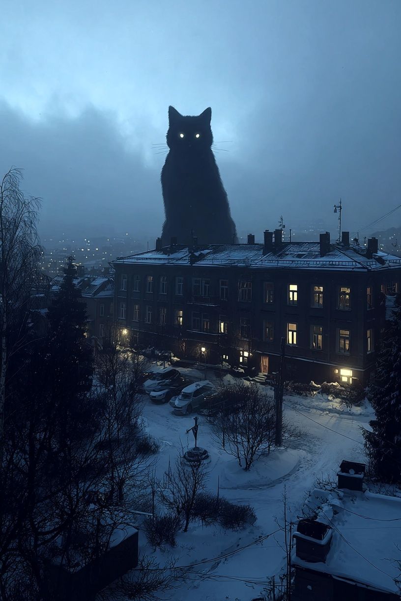 Giant Cat Over Snowy City Poster. poster — fine-art art