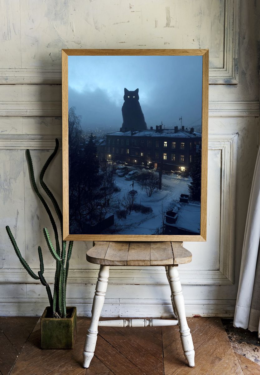 Giant Cat Over Snowy City Poster. room preview