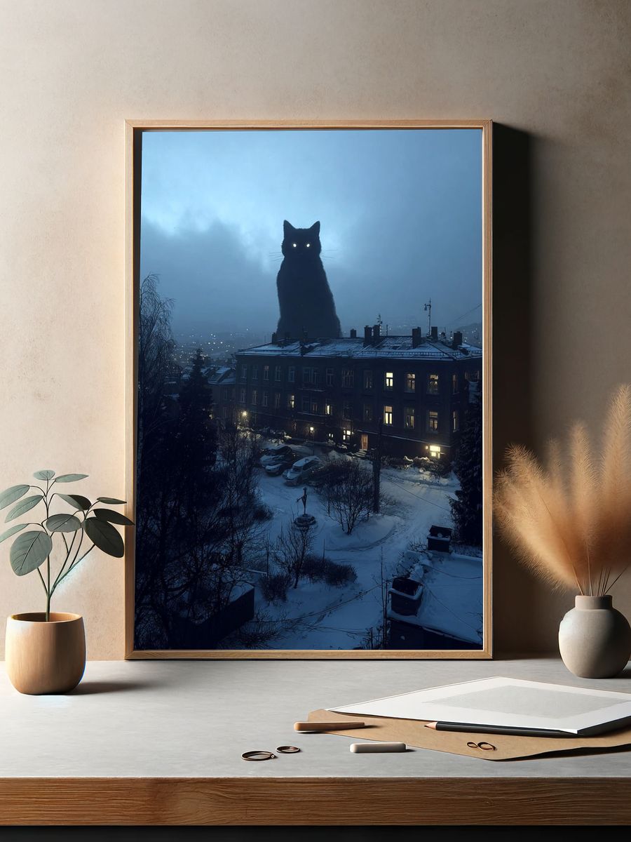 Giant Cat Over Snowy City Poster. — room view 2
