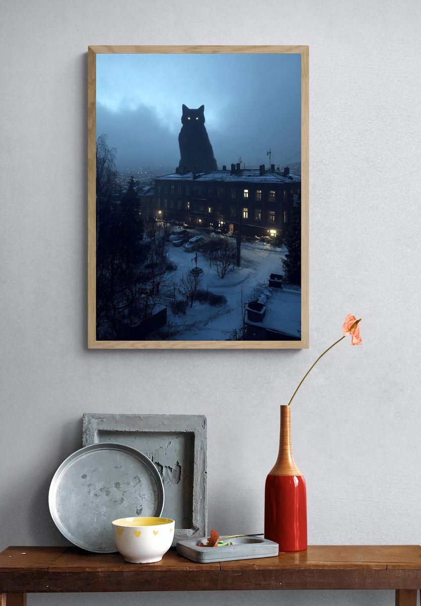 Giant Cat Over Snowy City Poster. — room view 3