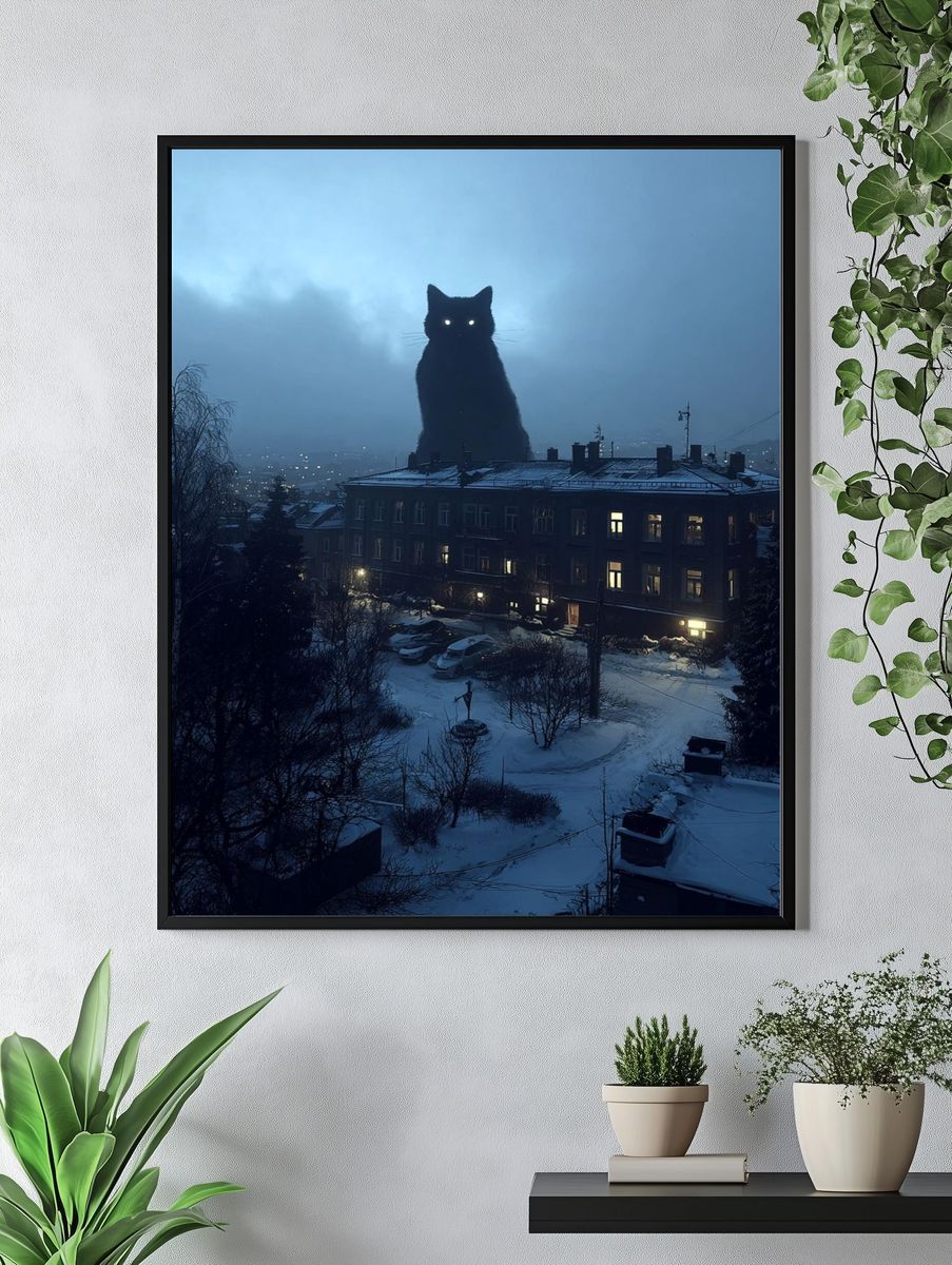 Giant Cat Over Snowy City Poster. — room view 4