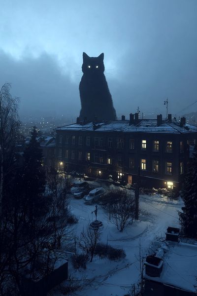 Giant Cat Over Snowy City Poster. poster