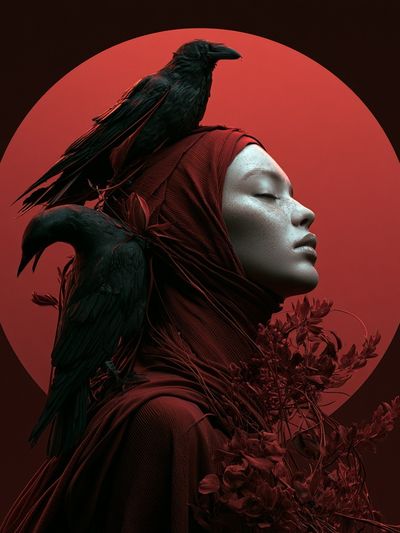 Crimson Raven Portrait Print.