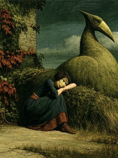Surreal Woman and Bird Sculpture Print. poster — fine-art art