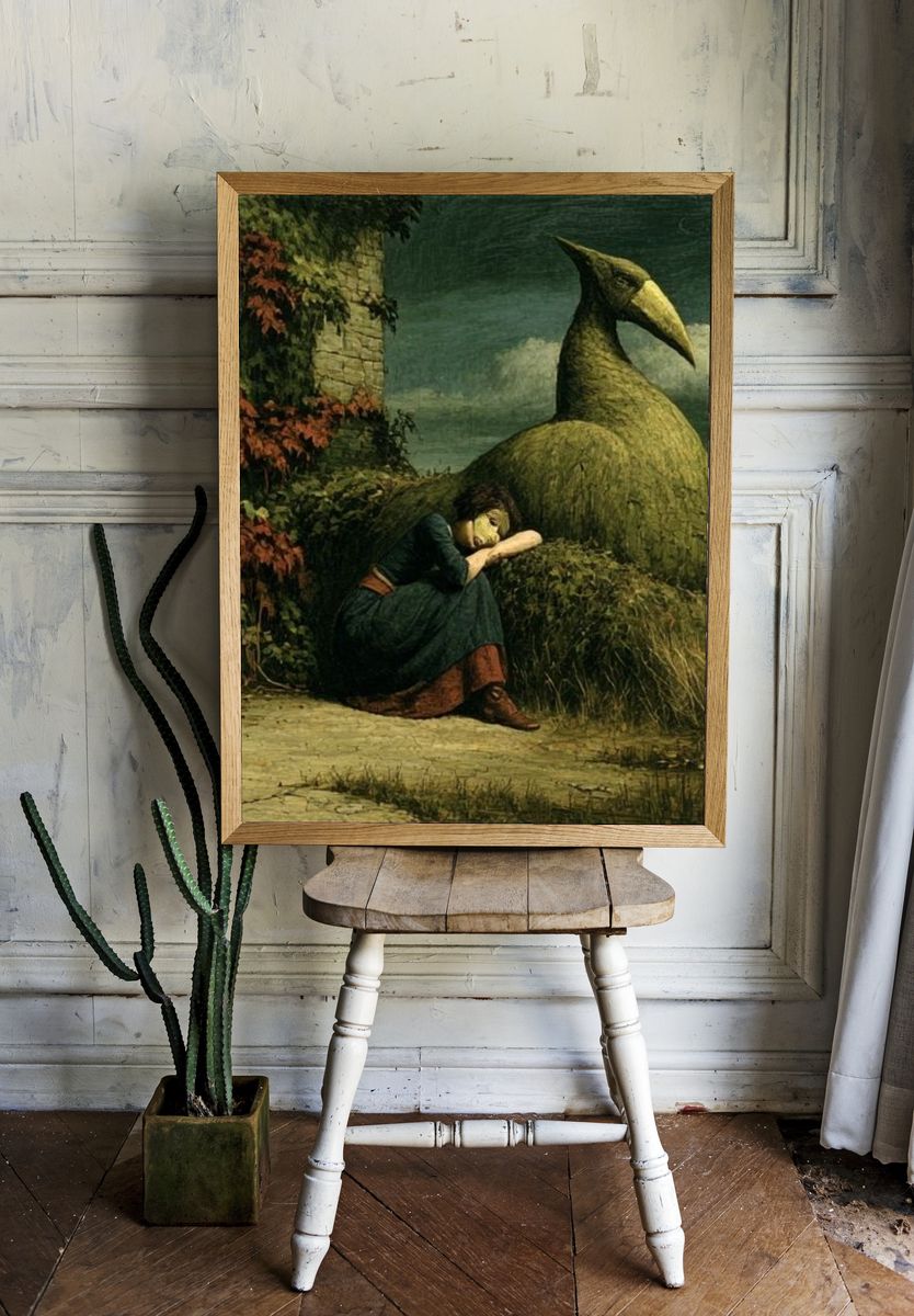 Surreal Woman and Bird Sculpture Print. room preview