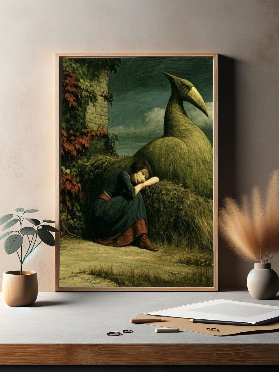 Surreal Woman and Bird Sculpture Print. — room view 2