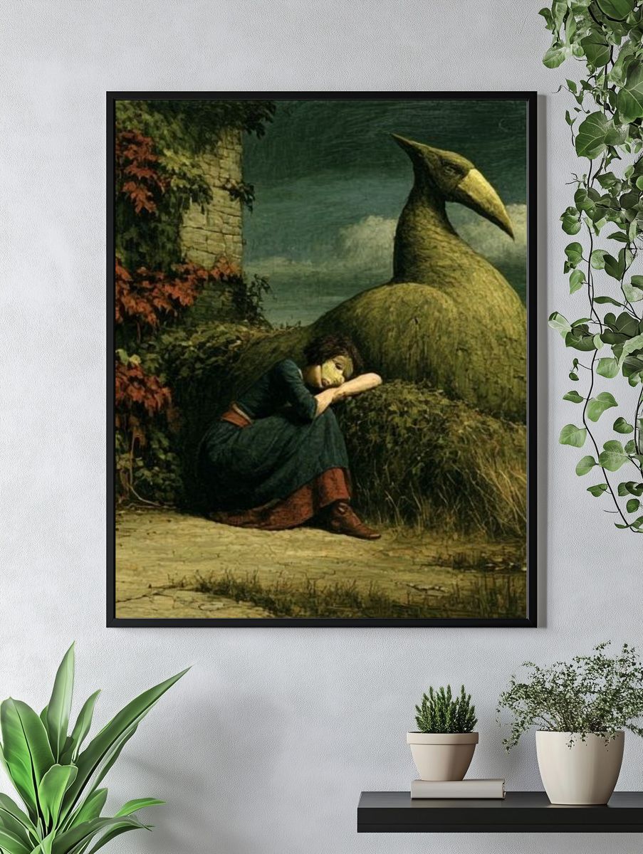 Surreal Woman and Bird Sculpture Print. — room view 4