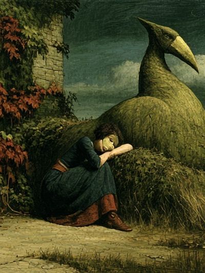 Surreal Woman and Bird Sculpture Print.