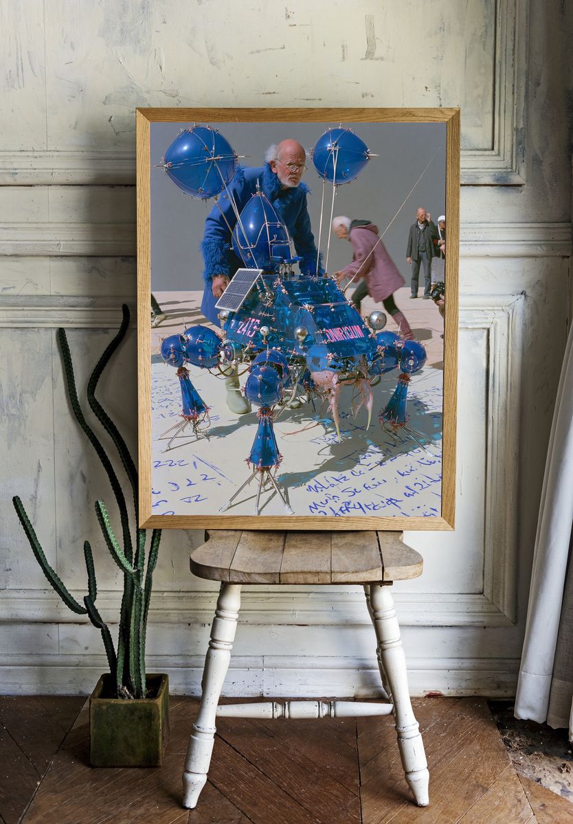Surreal Blue Robot Sculpture Print. room preview