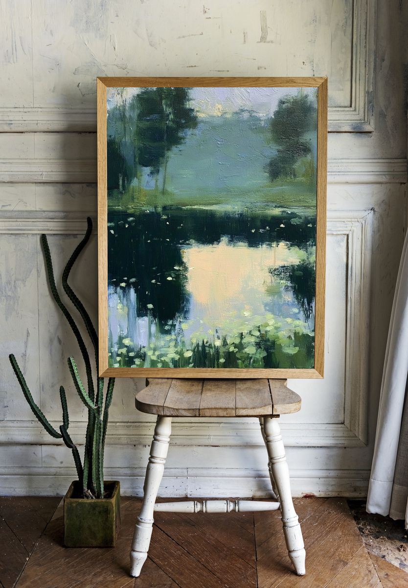 Misty Pond Reflection Landscape Print. room preview
