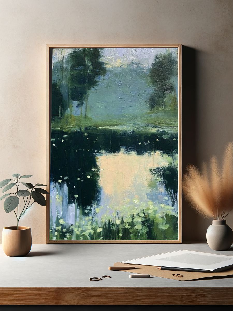 Misty Pond Reflection Landscape Print. — room view 2