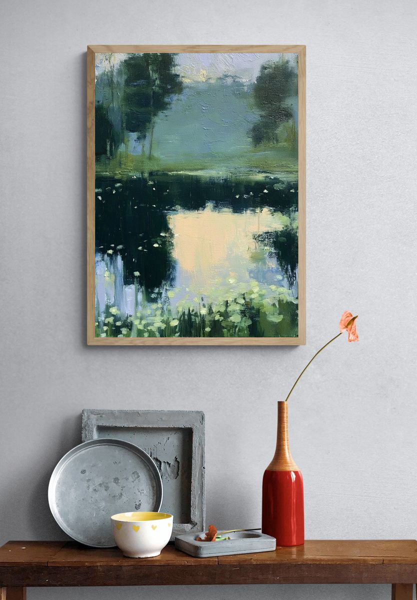 Misty Pond Reflection Landscape Print. — room view 3