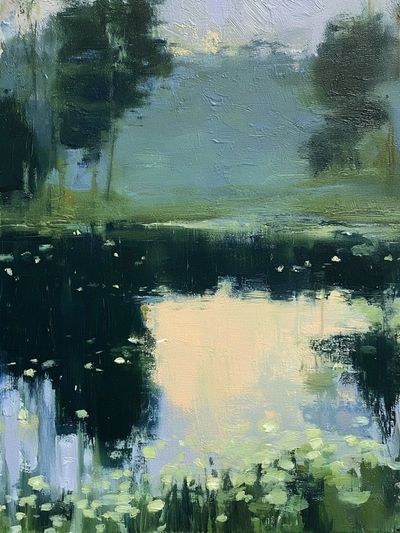Misty Pond Reflection Landscape Print. poster