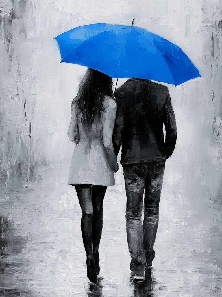 Blue Umbrella Couple Fine-Art Print. poster detail
