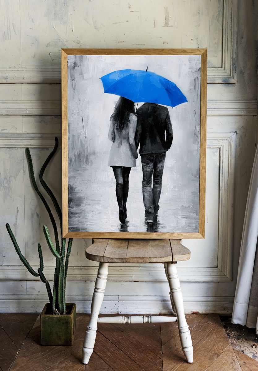 Blue Umbrella Couple Fine-Art Print. room preview