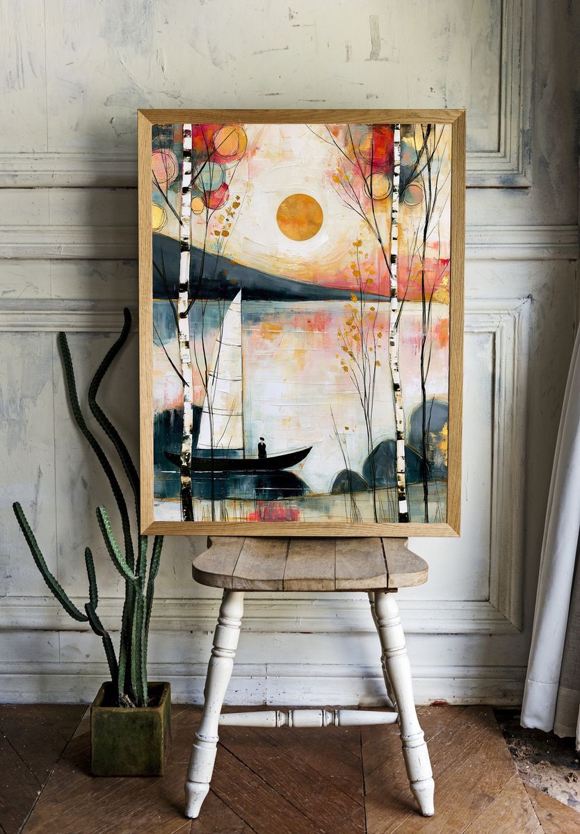 Birch Lake Sunset Abstract Print. room preview