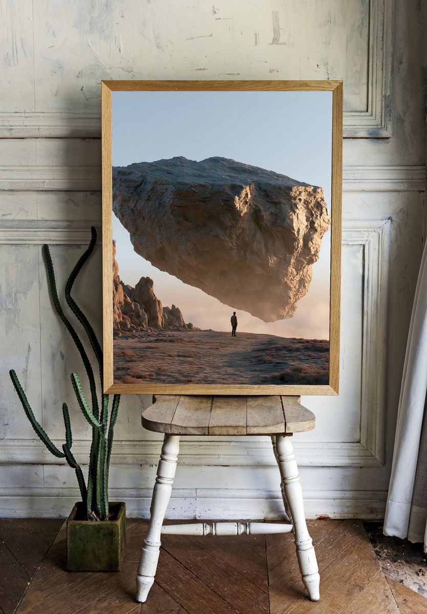 Floating Boulder Surreal Landscape Print. room preview