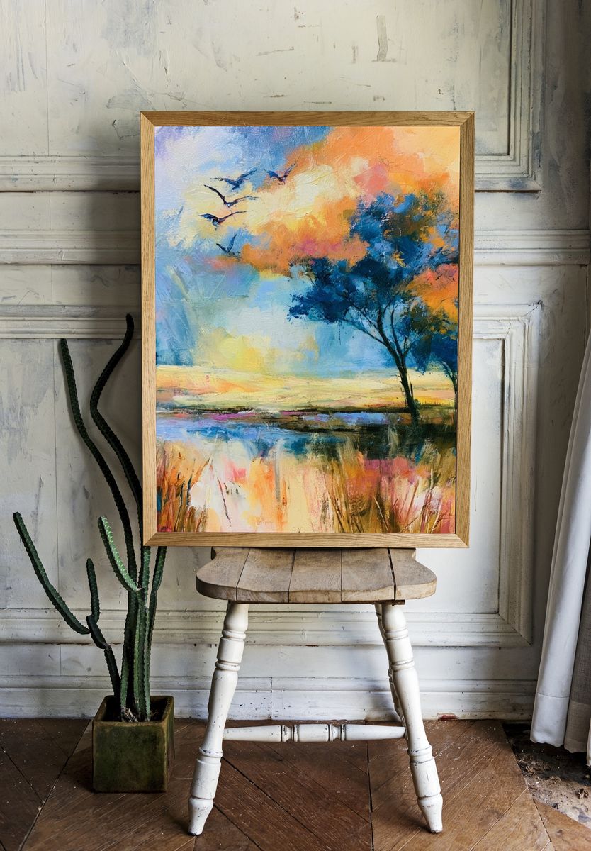 Sunset Lake Trees Fine-Art Print. room preview