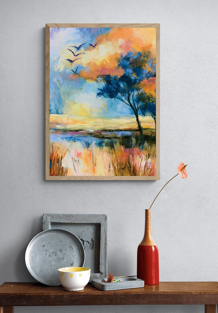 Sunset Lake Trees Fine-Art Print. — room view 3