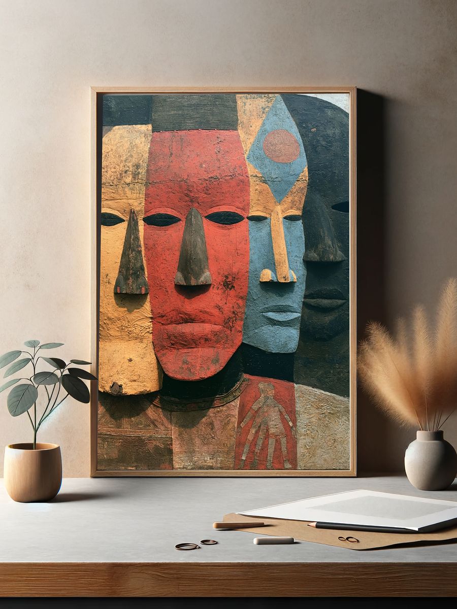 Abstract Tribal Faces Print. — room view 2