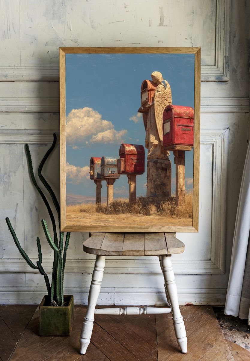 Angel Mailboxes Surrealism Poster. — room view 1