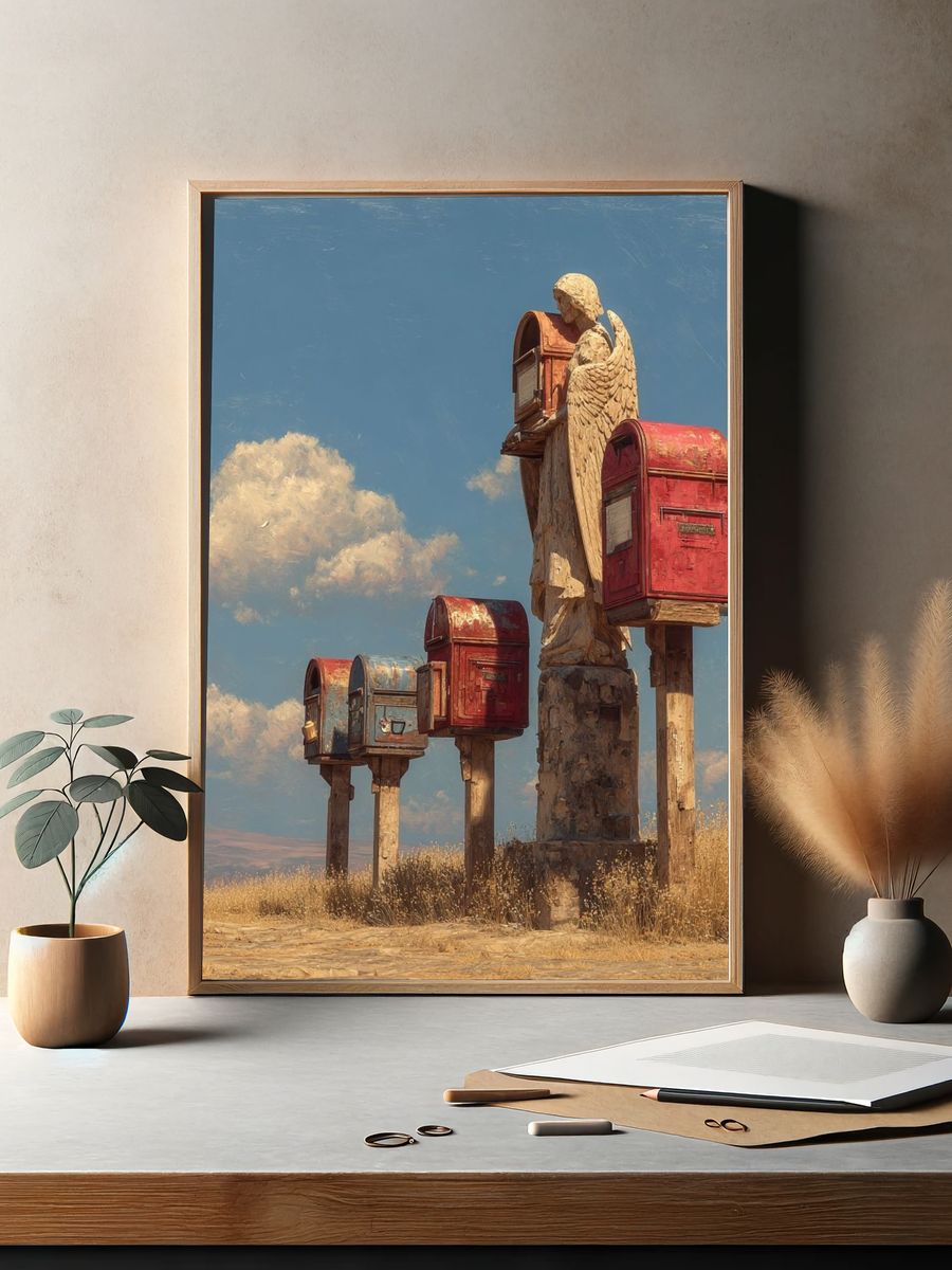 Angel Mailboxes Surrealism Poster. — room view 2
