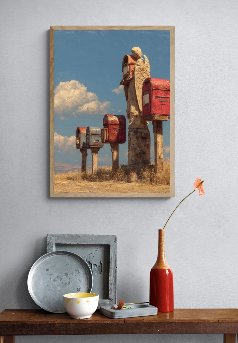 Angel Mailboxes Surrealism Poster. — room view 3
