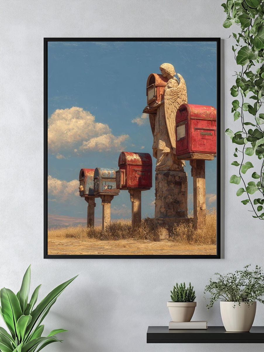 Angel Mailboxes Surrealism Poster. — room view 4