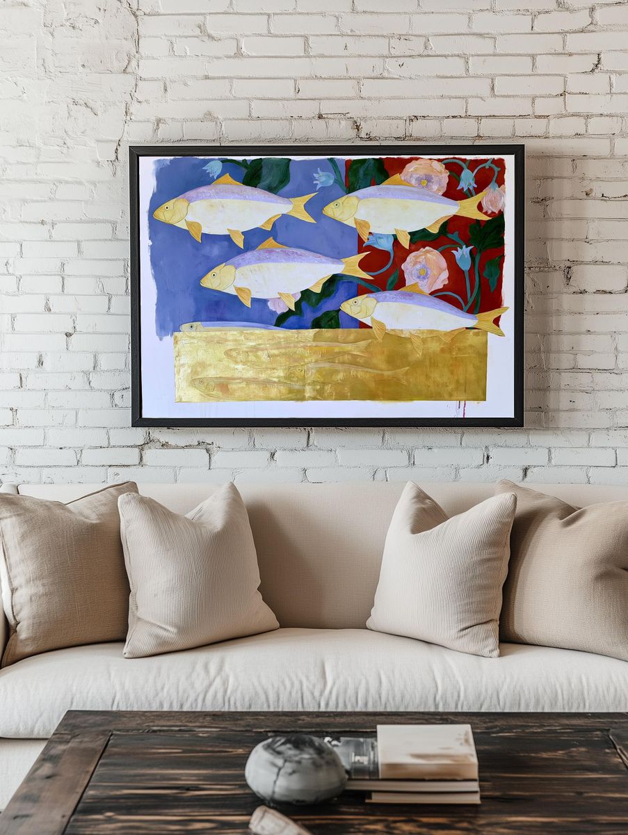 Fish and Flowers Contemporary Print. room preview