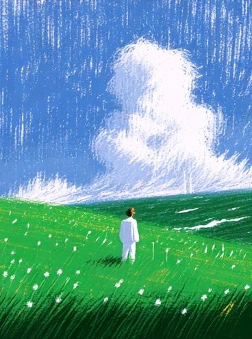 Lone Figure in Green Field Print. poster detail
