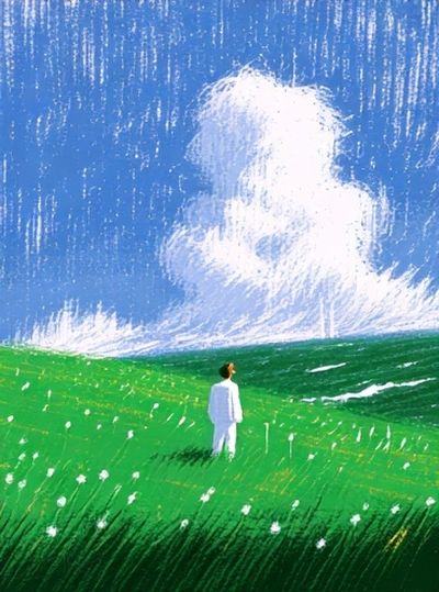 Lone Figure in Green Field Print.