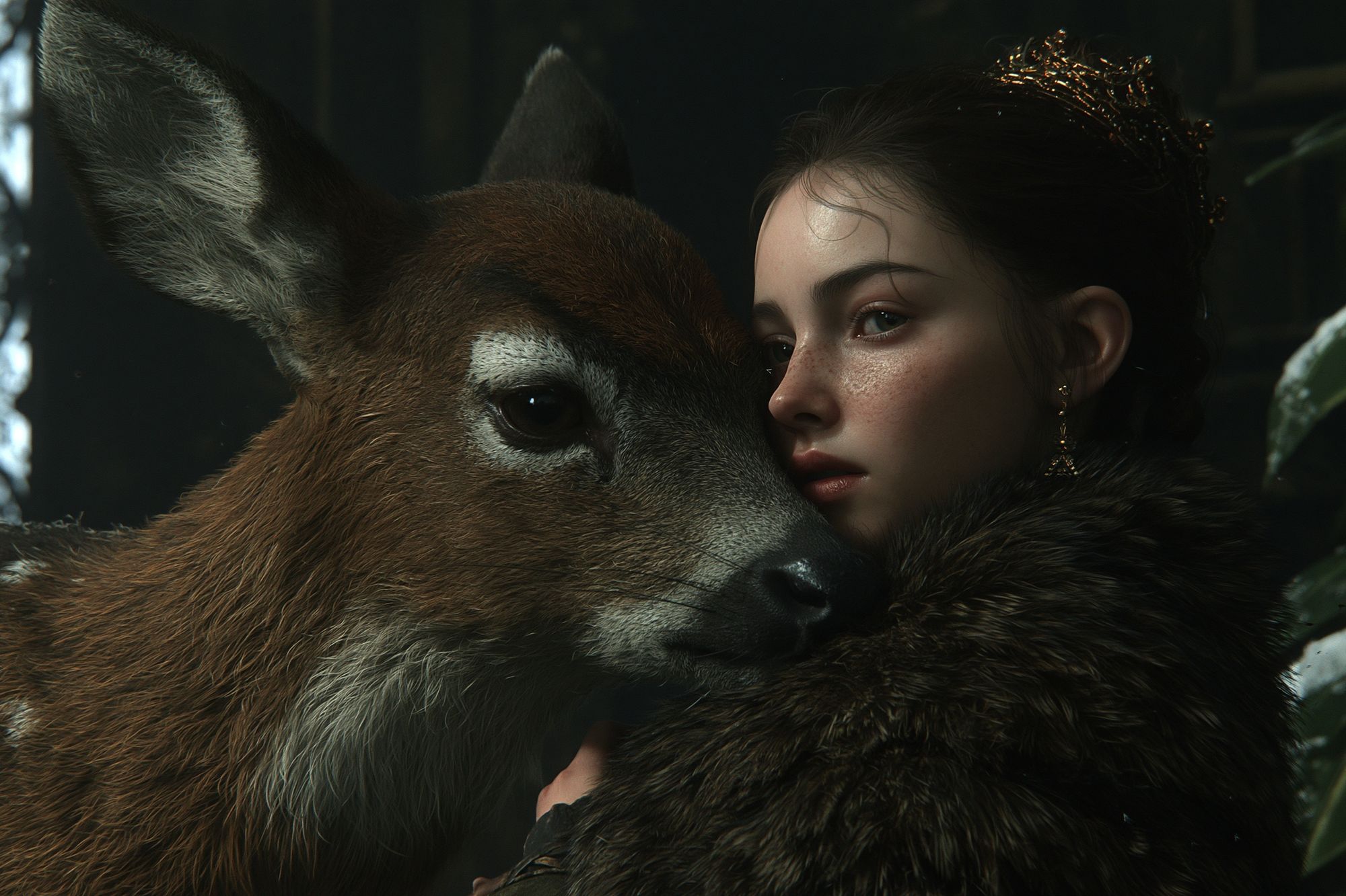 Girl and Deer Portrait Print. poster — fine-art art