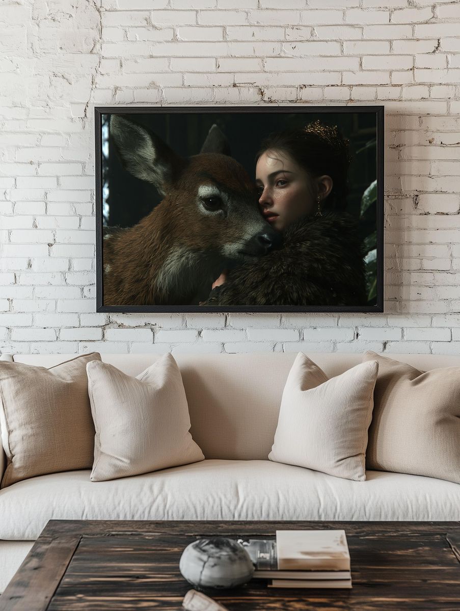 Girl and Deer Portrait Print. room preview