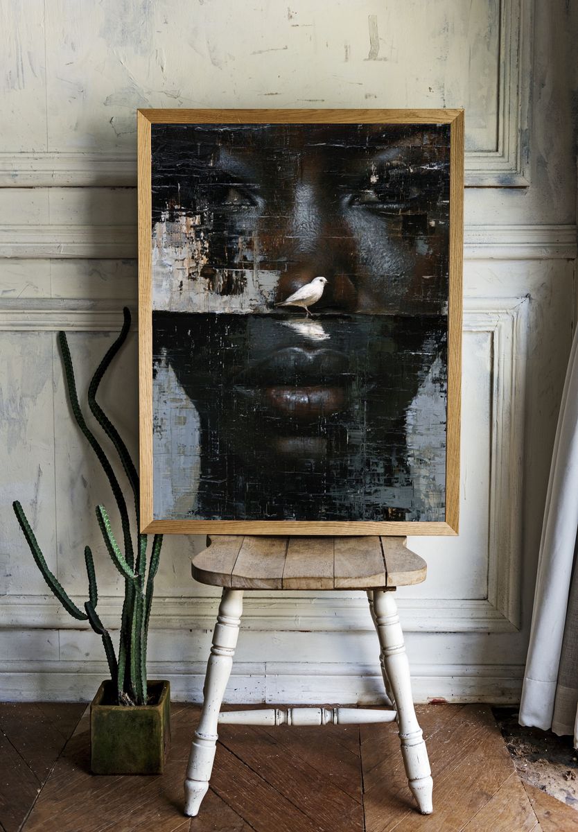 Bird and Face Abstract Portrait Print. room preview