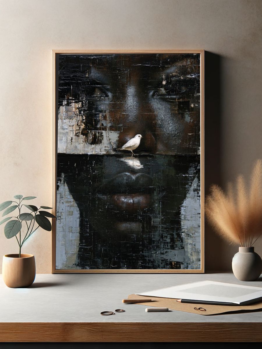 Bird and Face Abstract Portrait Print. — room view 2