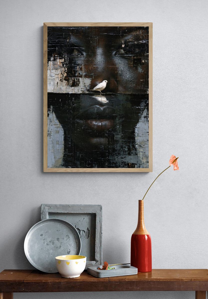 Bird and Face Abstract Portrait Print. — room view 3