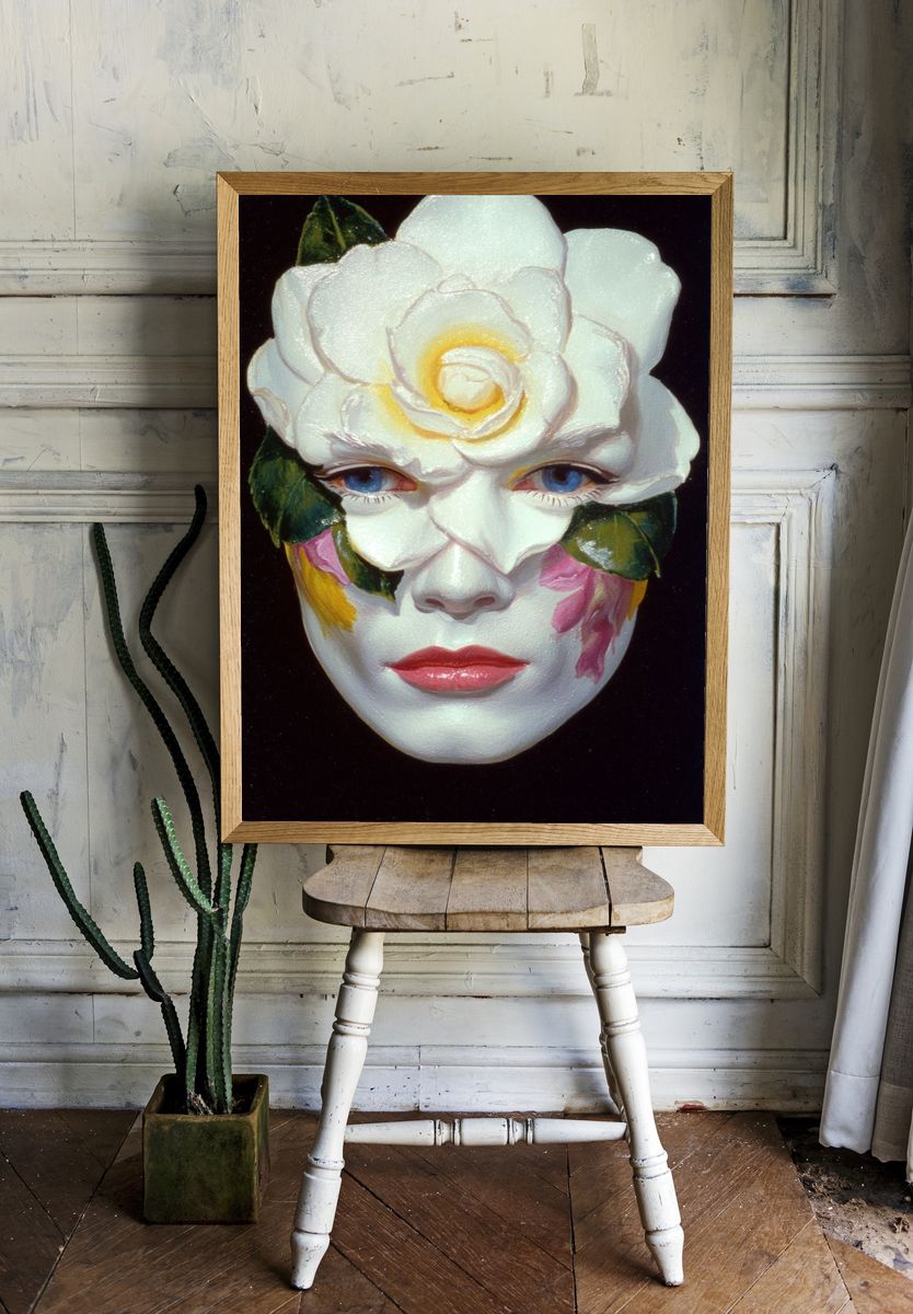 Floral Mask Portrait Print. room preview
