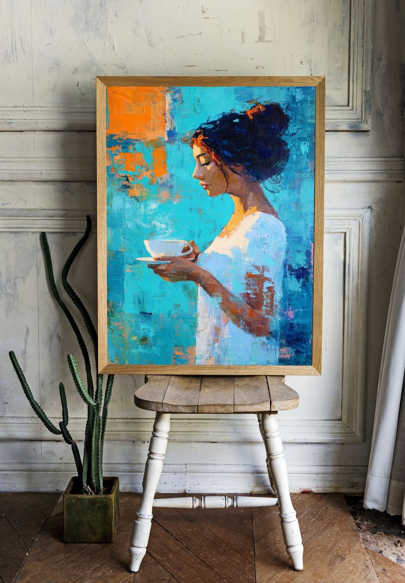 Woman with Tea Contemporary Print. room preview