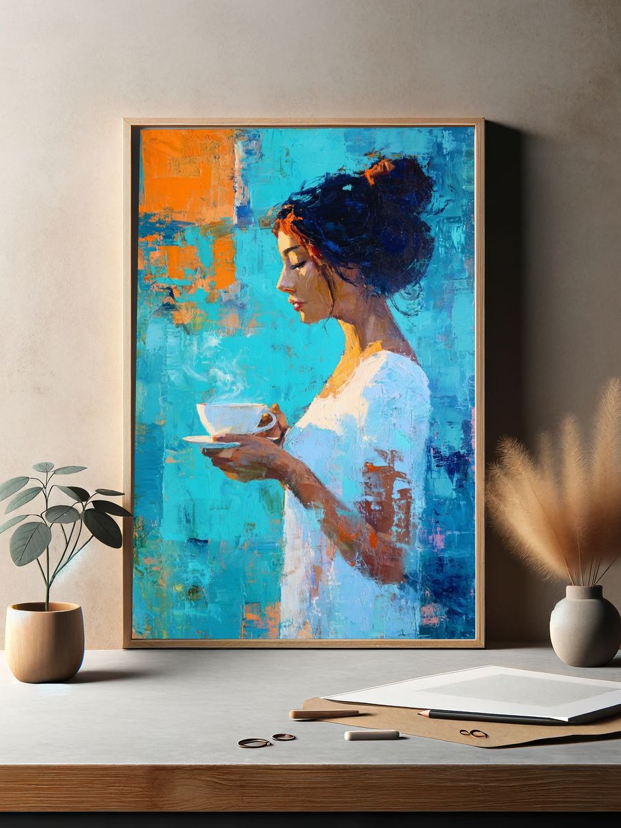 Woman with Tea Contemporary Print. — room view 2