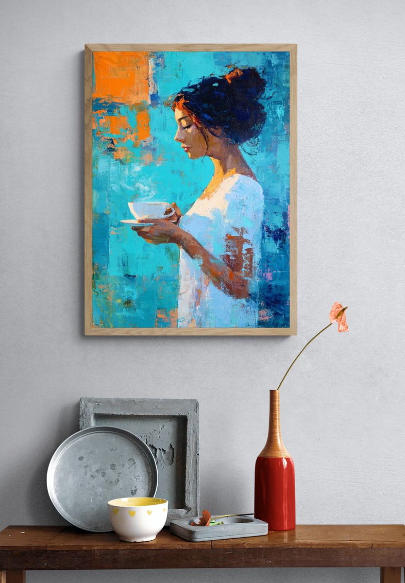 Woman with Tea Contemporary Print. — room view 3