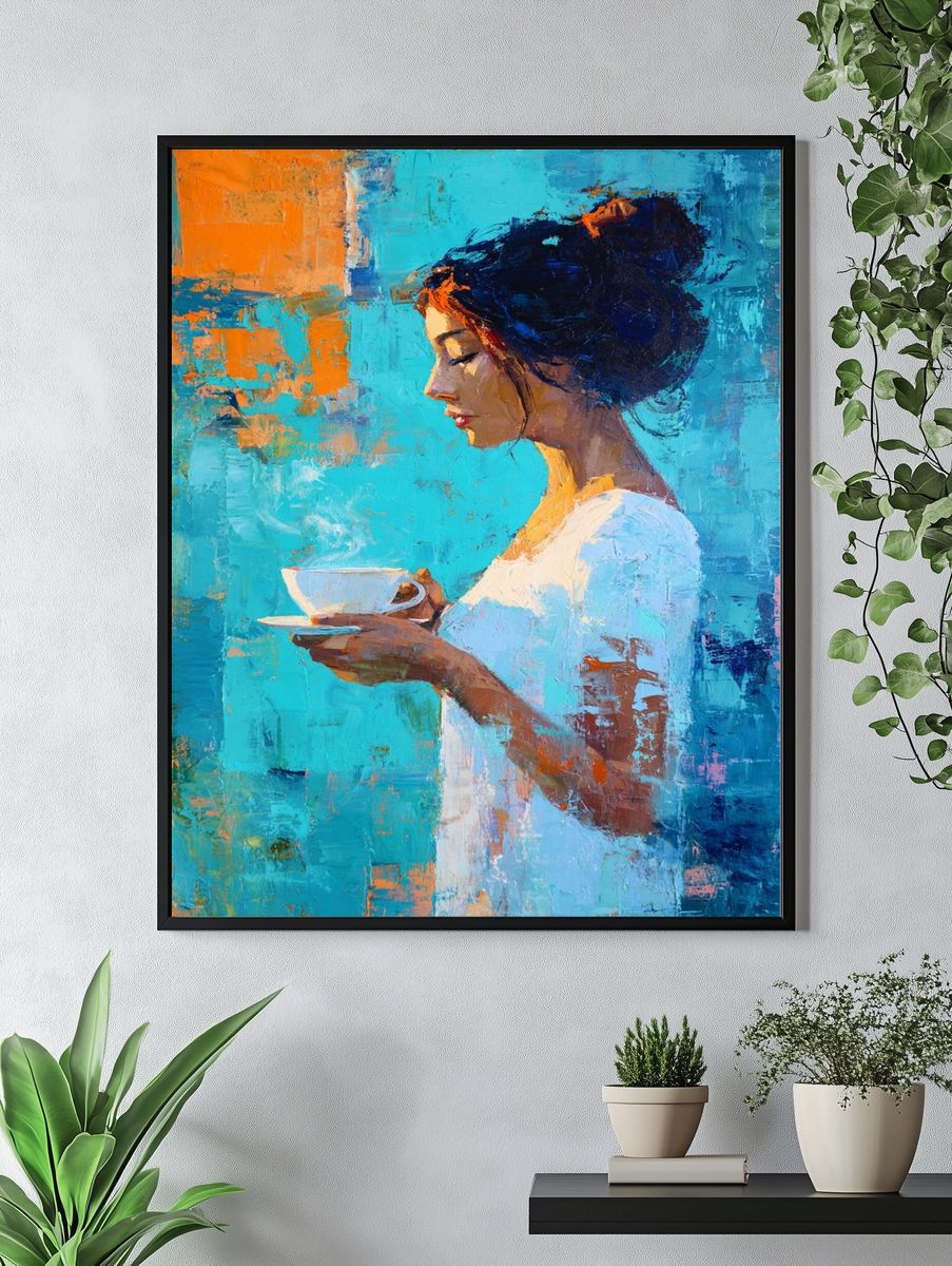 Woman with Tea Contemporary Print. — room view 4