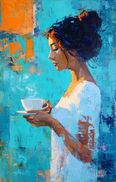 Woman with Tea Contemporary Print.