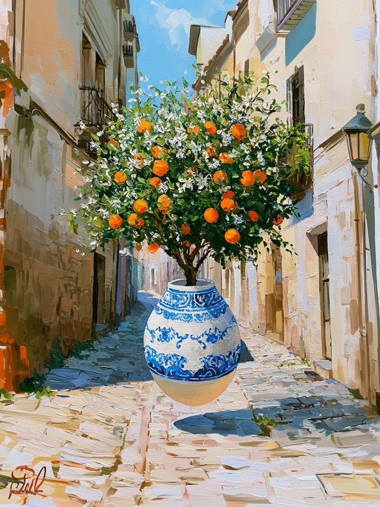 Mediterranean Orange Tree Alley Print. poster detail