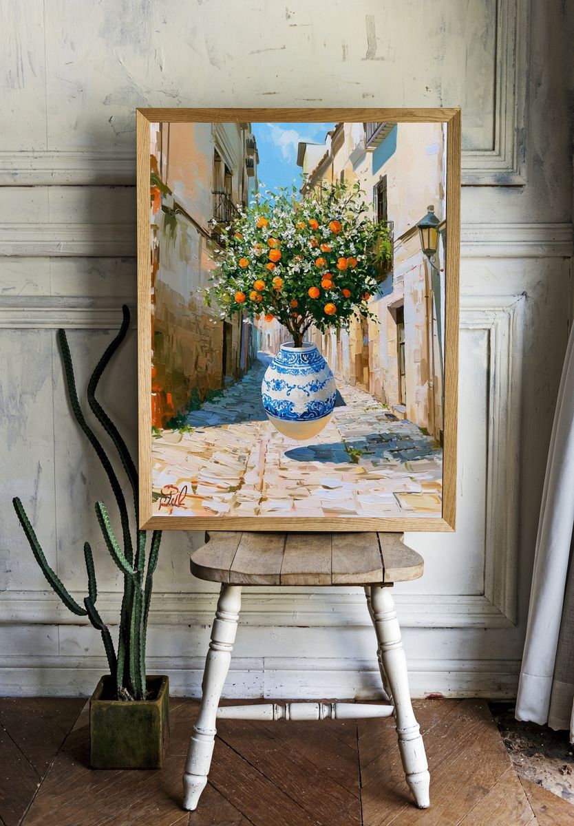 Mediterranean Orange Tree Alley Print. room preview