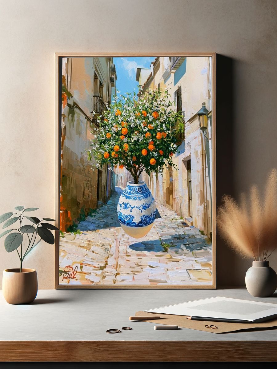 Mediterranean Orange Tree Alley Print. — room view 2